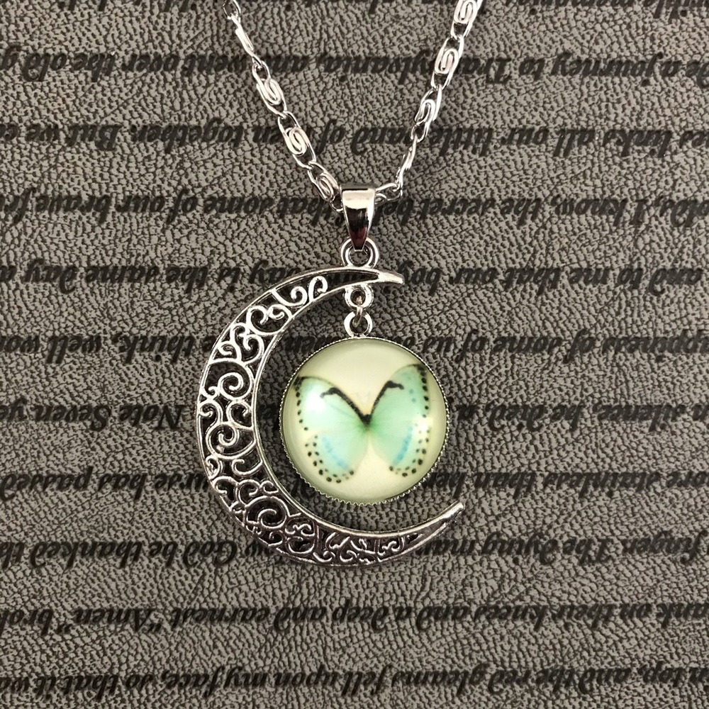 Silver Crescent Moon Butterfly Cabochon Necklace